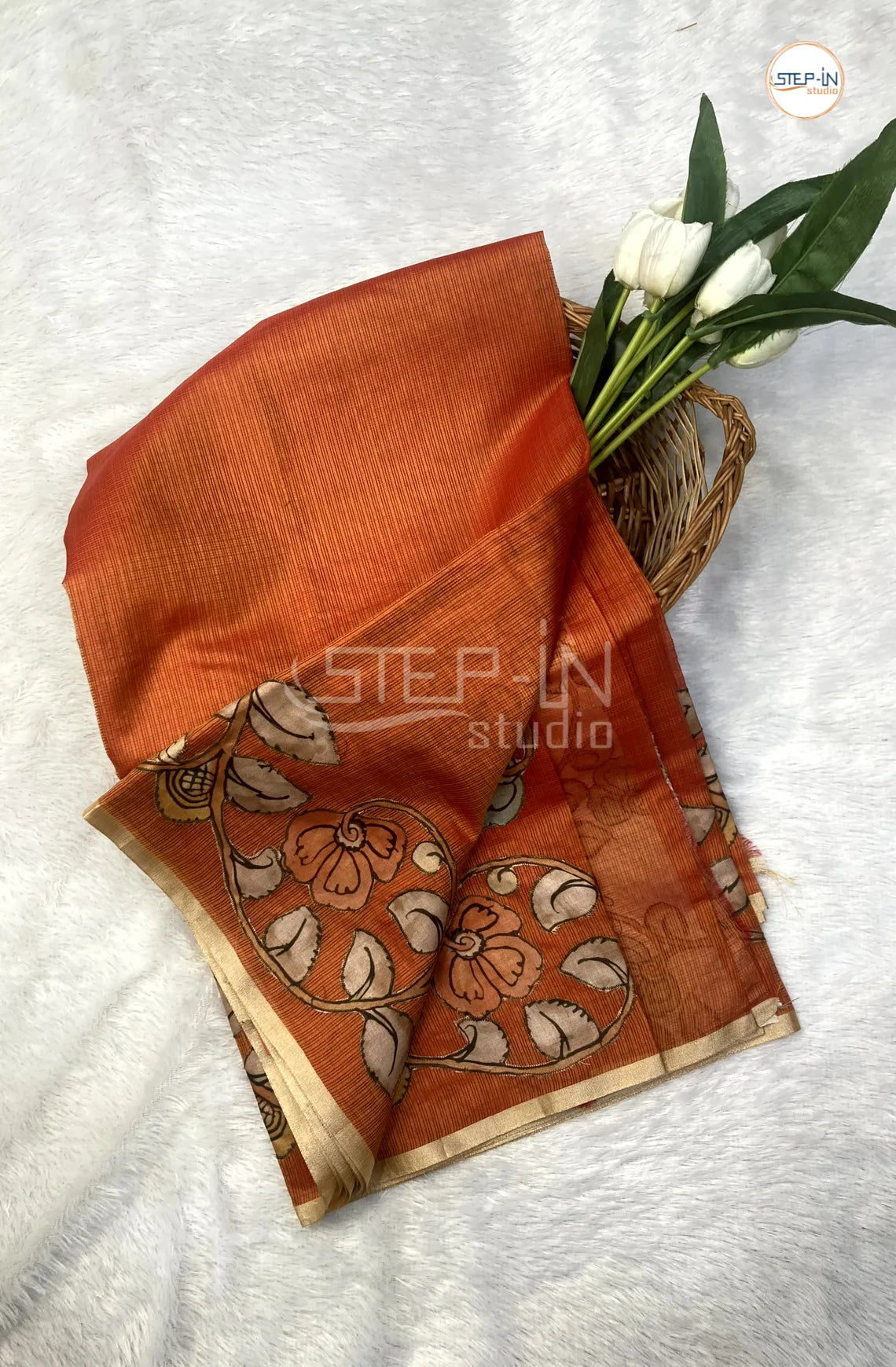 Kota Saree With Kalamkari Patch Worked Border & Pallu With Blouse - Orange