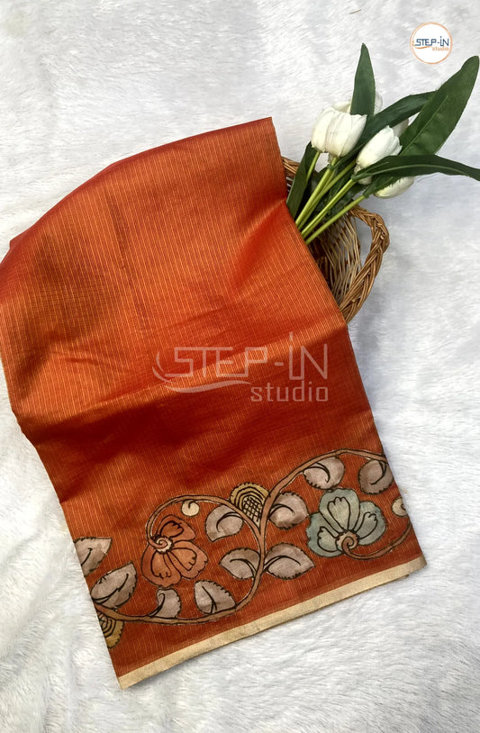 Kota Saree With Kalamkari Patch Worked Border & Pallu With Blouse - Orange