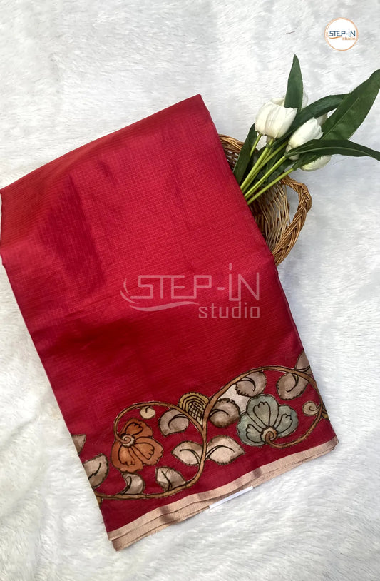 Kota Saree With Kalamkari Patch Worked Border & Pallu With Blouse - Red
