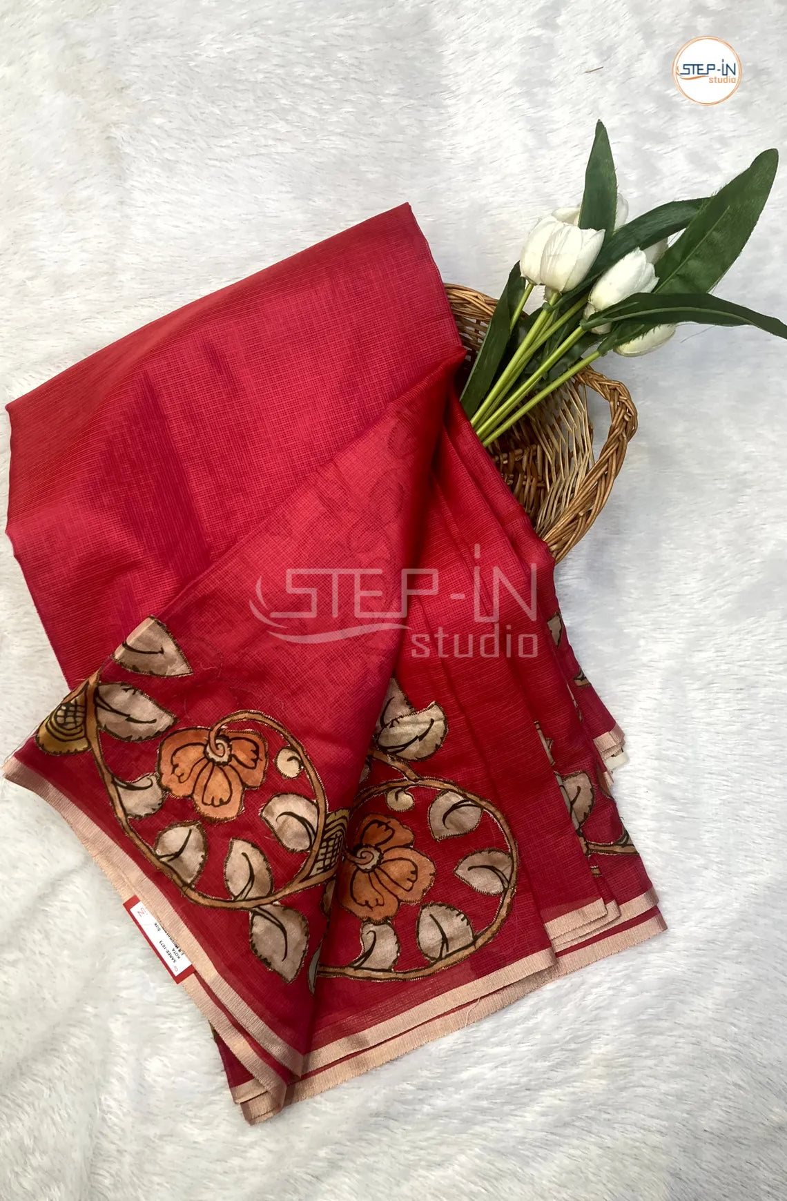 Kota Saree With Kalamkari Patch Worked Border & Pallu With Blouse - Red