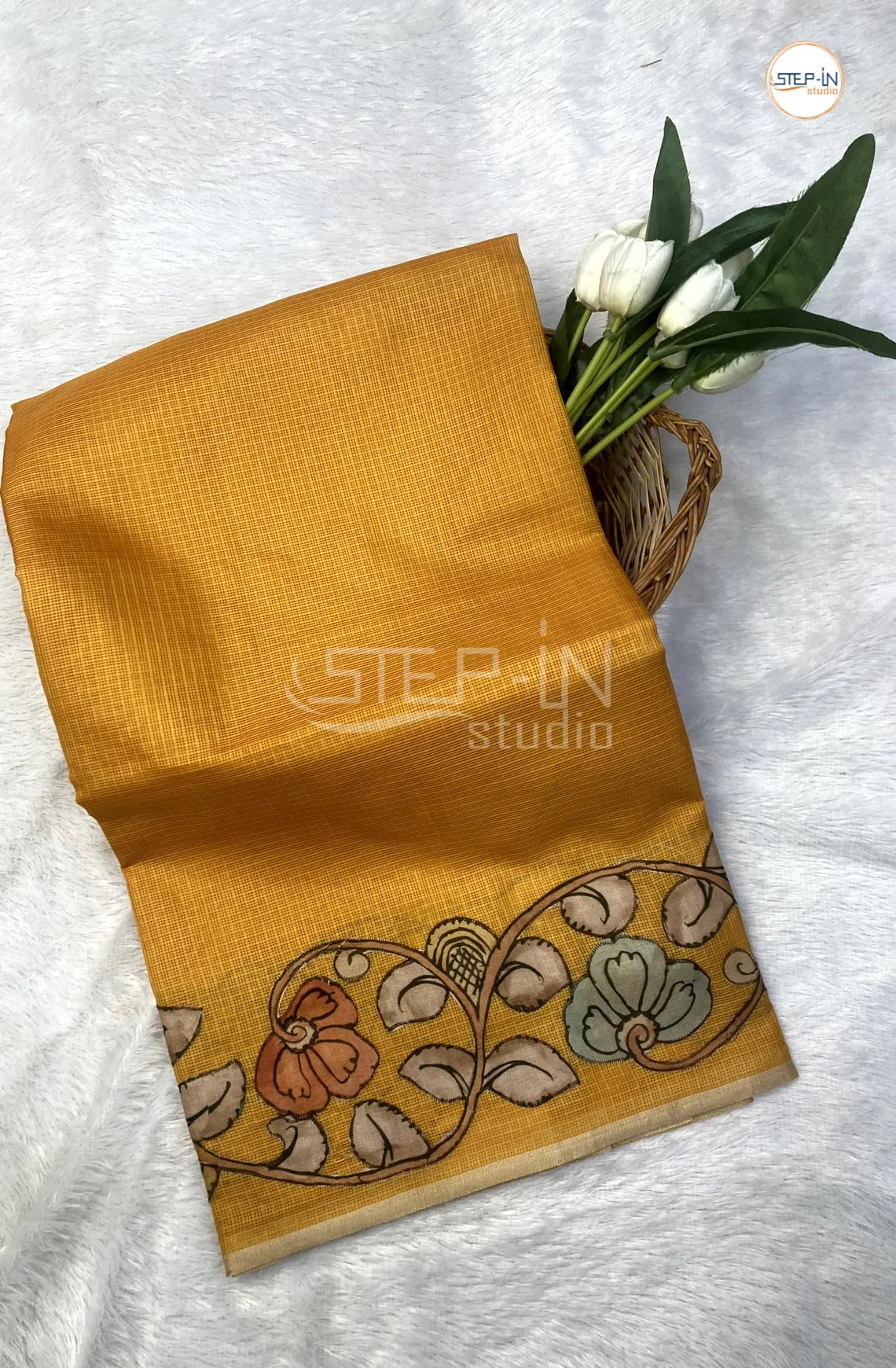 Kota Saree With Kalamkari Patch Worked Border & Pallu With Blouse - Yellow