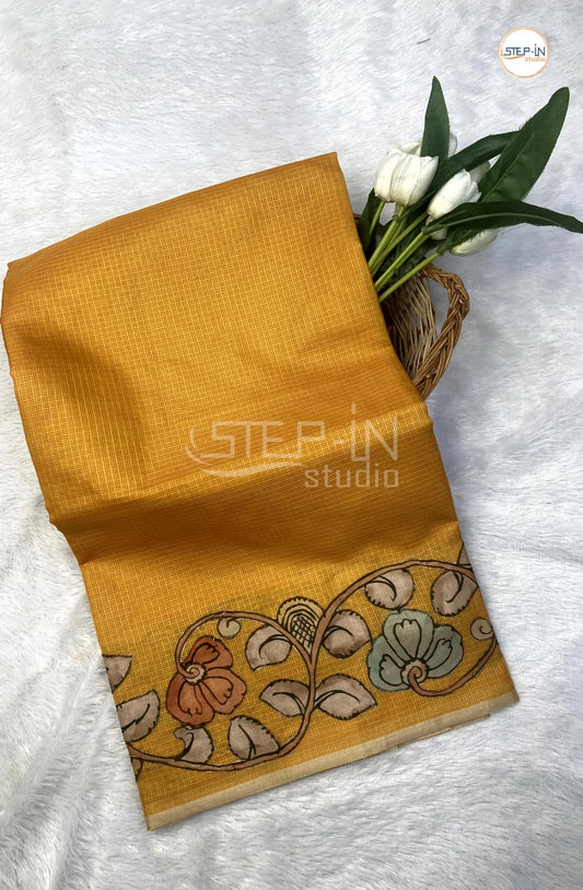 Kota Saree With Kalamkari Patch Worked Border & Pallu With Blouse - Yellow