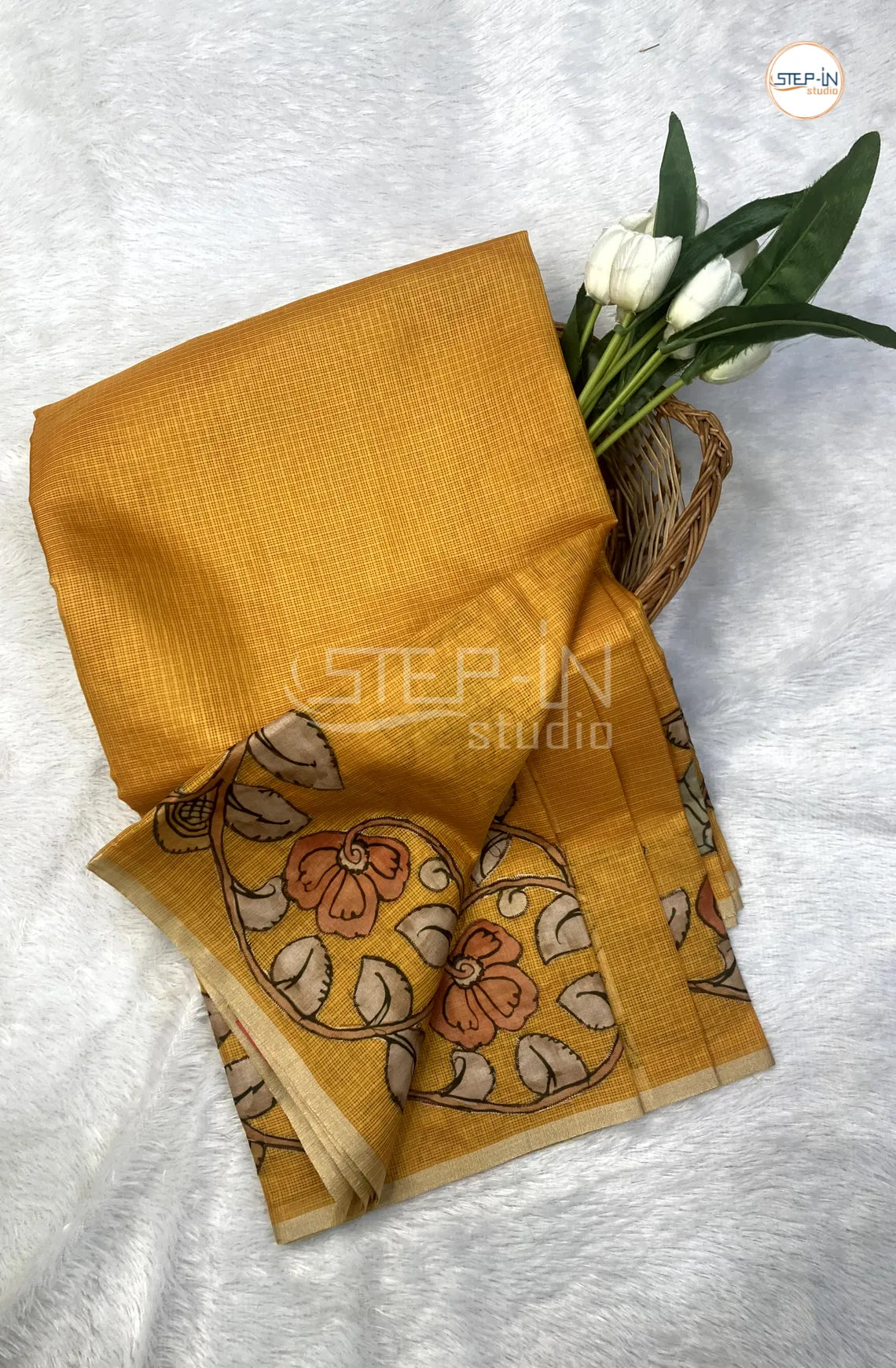 Kota Saree With Kalamkari Patch Worked Border & Pallu With Blouse - Yellow