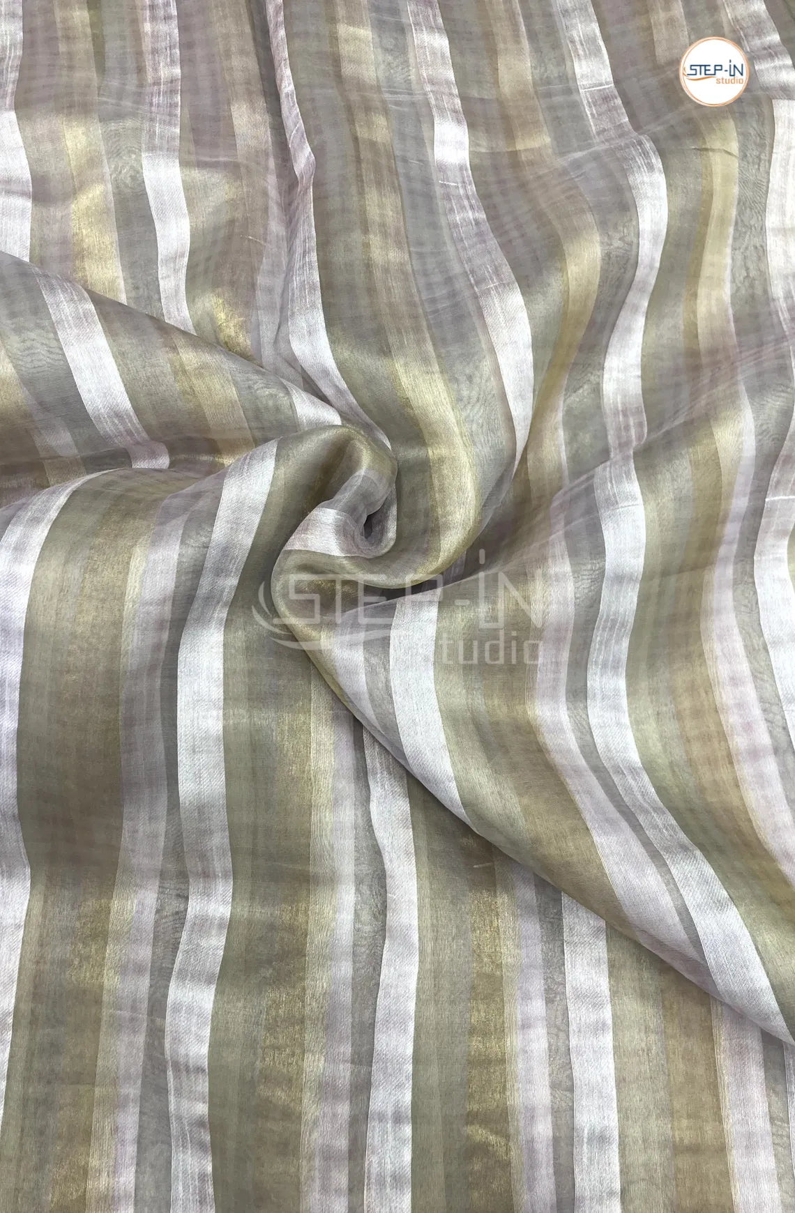 Lavender & Beige Striped Design Organza Saree With Running Pallu and Lace Border & Contrast Jamki Work Blouse