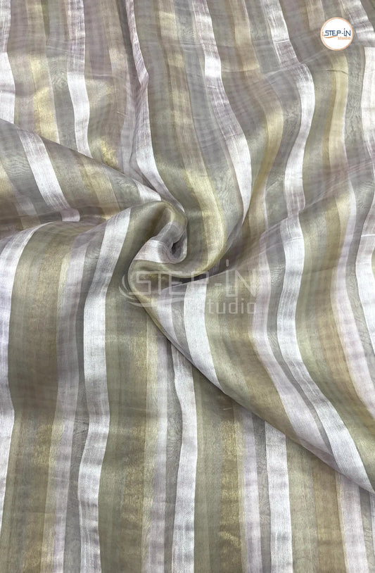 Lavender & Beige Striped Design Organza Saree With Running Pallu and Lace Border & Contrast Jamki Work Blouse