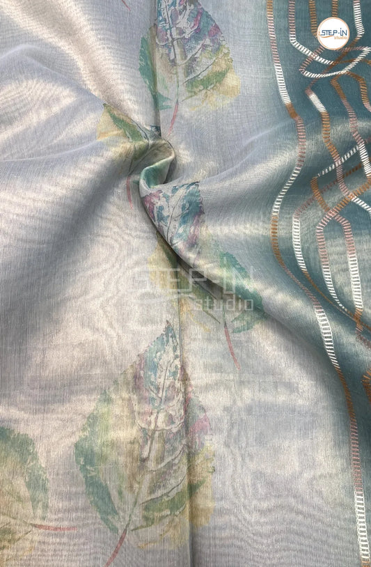 Light Green Leaf Print Tissu Saree With Hand Embroiderd Pallu and Border & Contrast Blouse