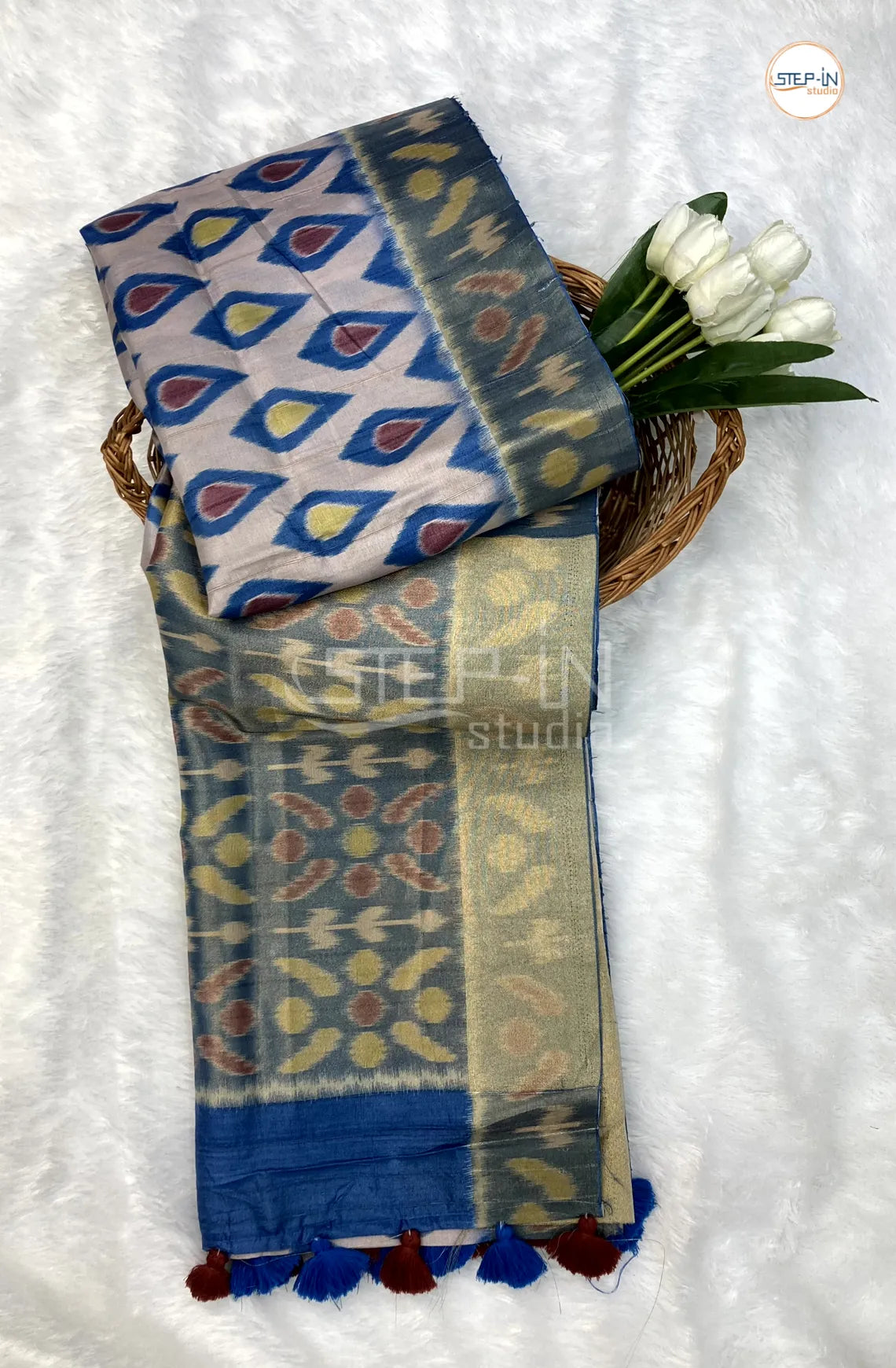 Light Grey & Blue Pochampally Design Dupion Saree With Contrast Ikat Design Pallu and Border & Contrast Blouse