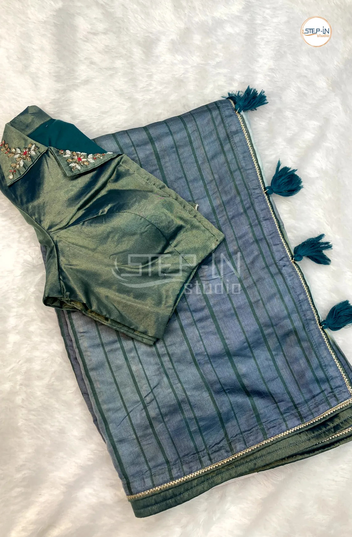 Light Jade Green Kota Striped Design Saree With Running Pallu and Lace Border &  stone Work Collor Neck Readymade Blouse