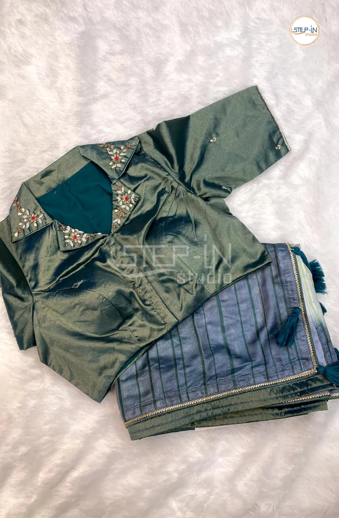 Light Jade Green Kota Striped Design Saree With Running Pallu and Lace Border &  stone Work Collor Neck Readymade Blouse