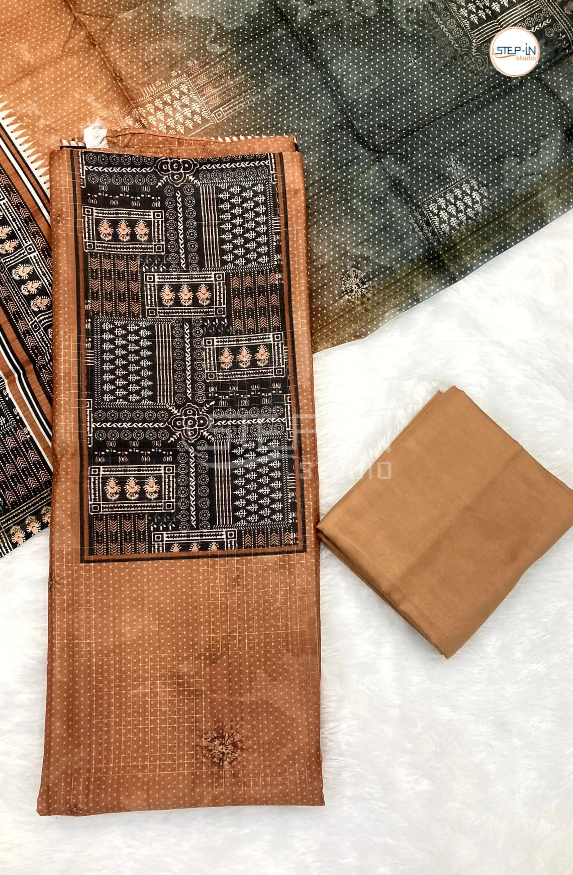 Light Orange Chanderi Neck Printed Unstitched Dress Material