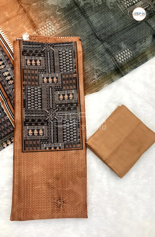 Light Orange Chanderi Neck Printed Unstitched Dress Material