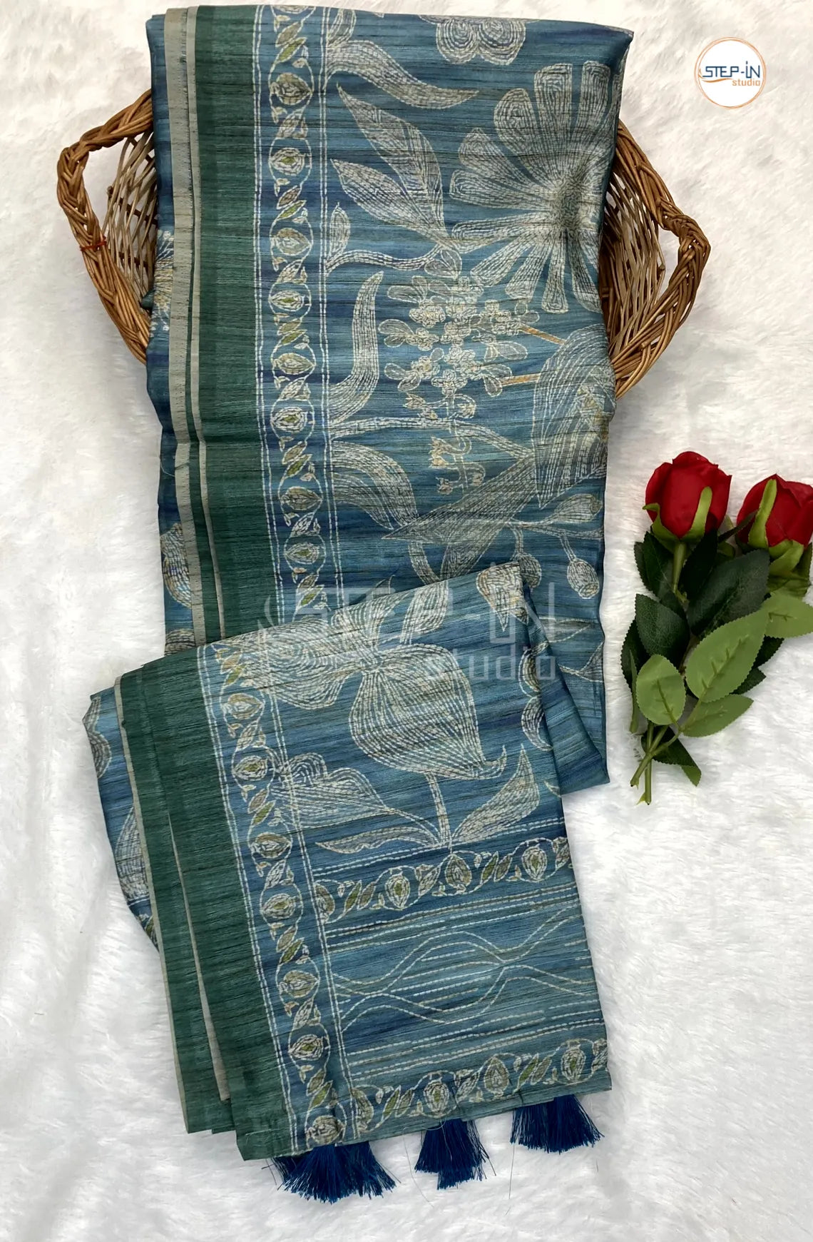 Light Tornado Blue Floral Hand Block Print Dupion Saree With Pallu & Border and Self Blouse