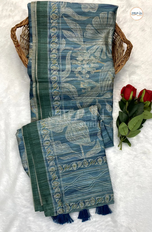 Light Tornado Blue Floral Hand Block Print Dupion Saree With Pallu & Border and Self Blouse