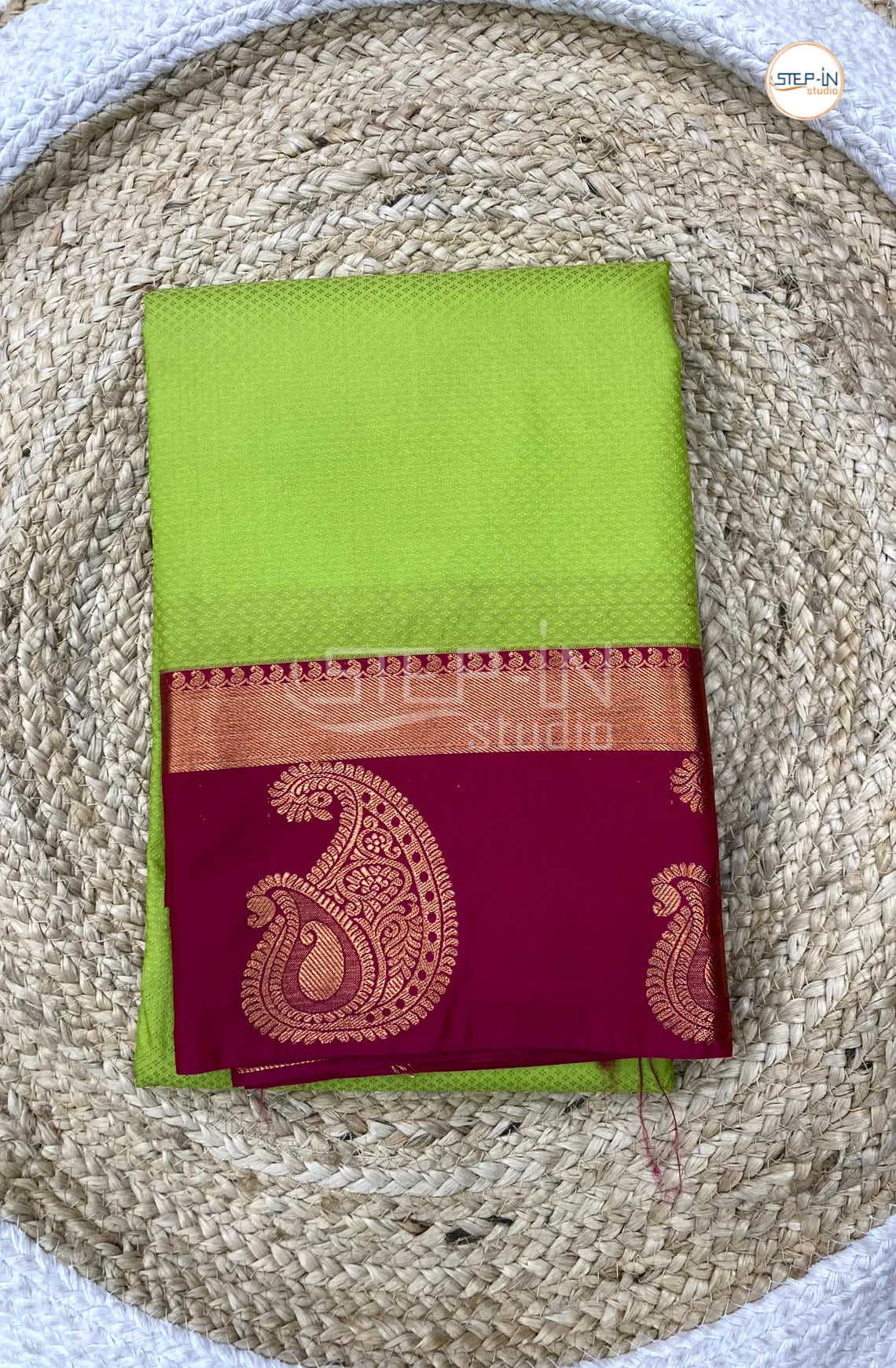 Lime Green Semi Kanchi Silk Saree With Maroon Contrast Zari Border