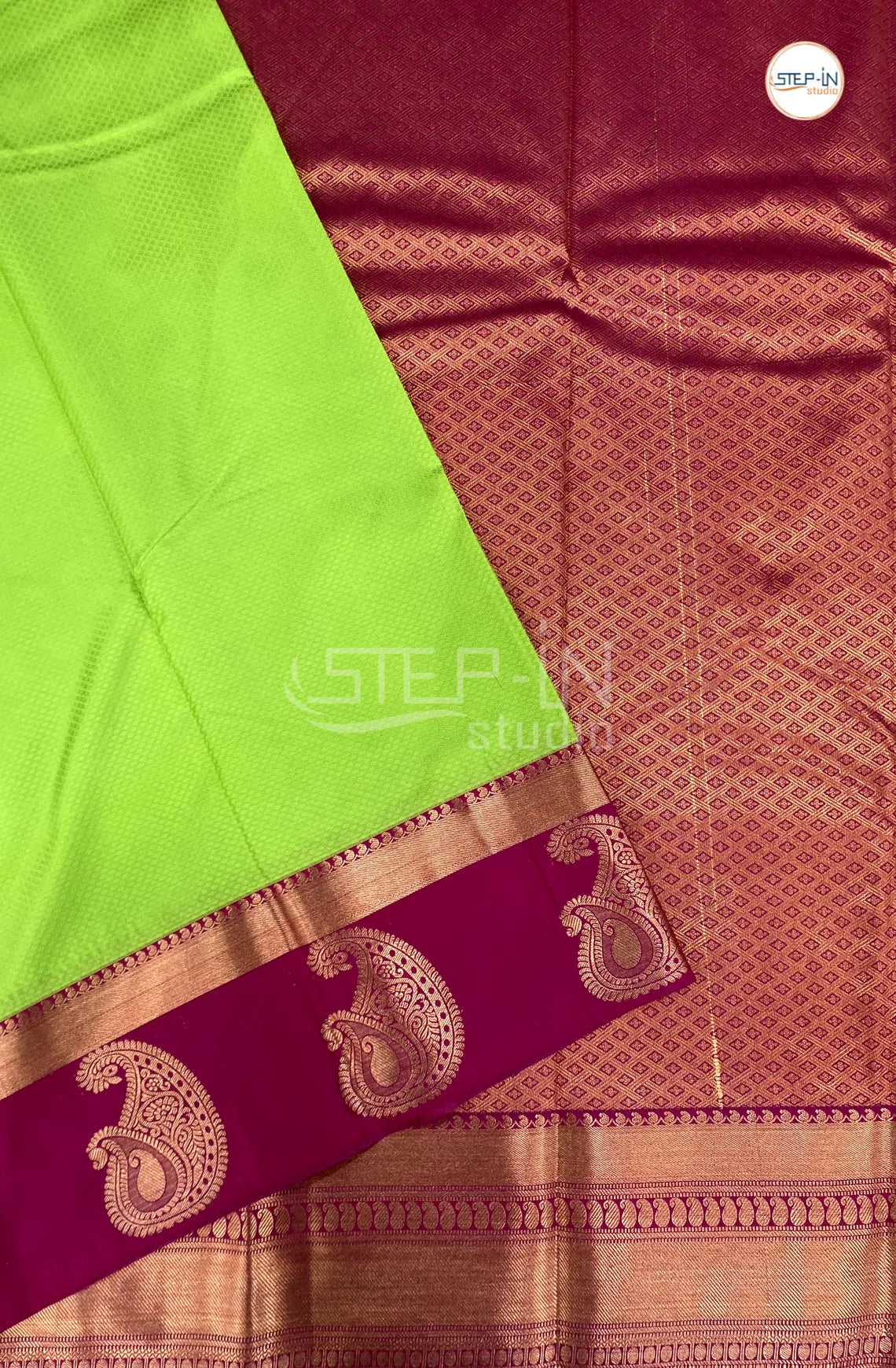 Lime Green Semi Kanchi Silk Saree With Maroon Contrast Zari Border