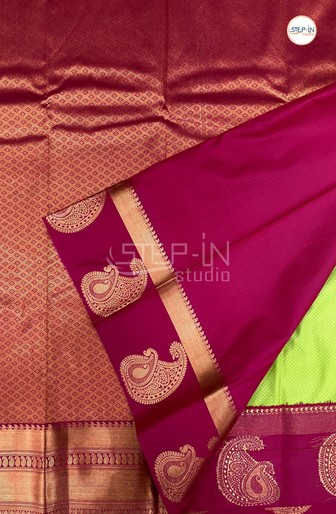 Lime Green Semi Kanchi Silk Saree With Maroon Contrast Zari Border