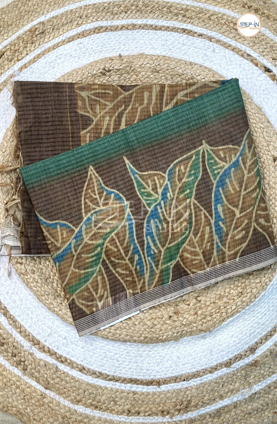 Linen Cotton With Floral Printed Saree- Green & Brown