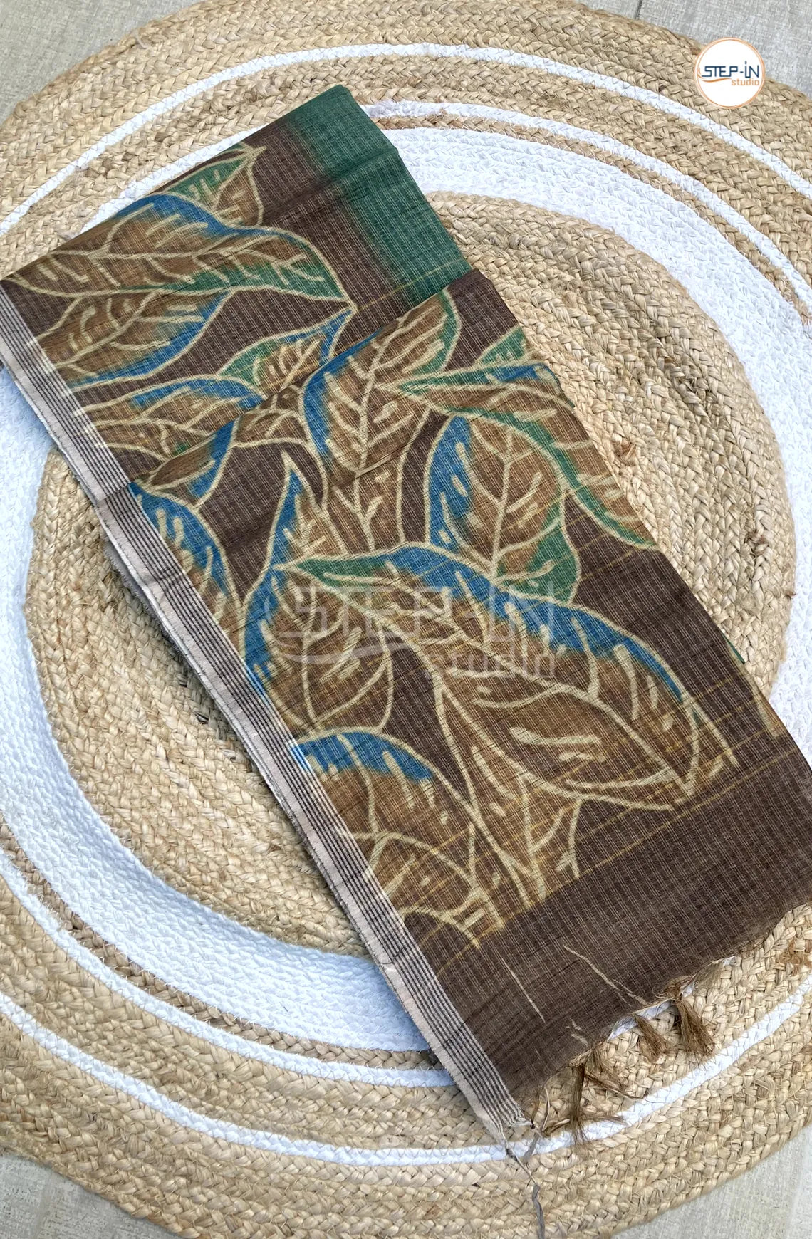 Linen Cotton With Floral Printed Saree- Green & Brown