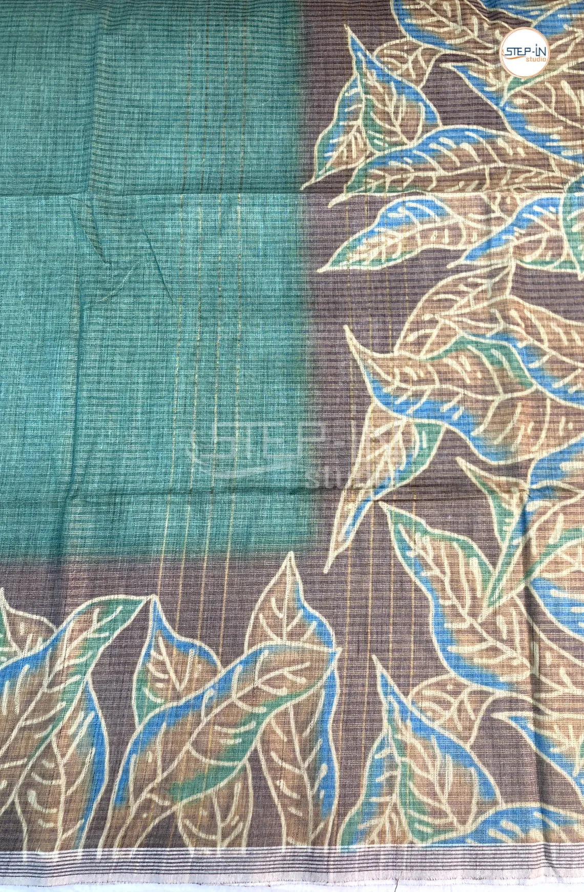 Linen Cotton With Floral Printed Saree- Green & Brown