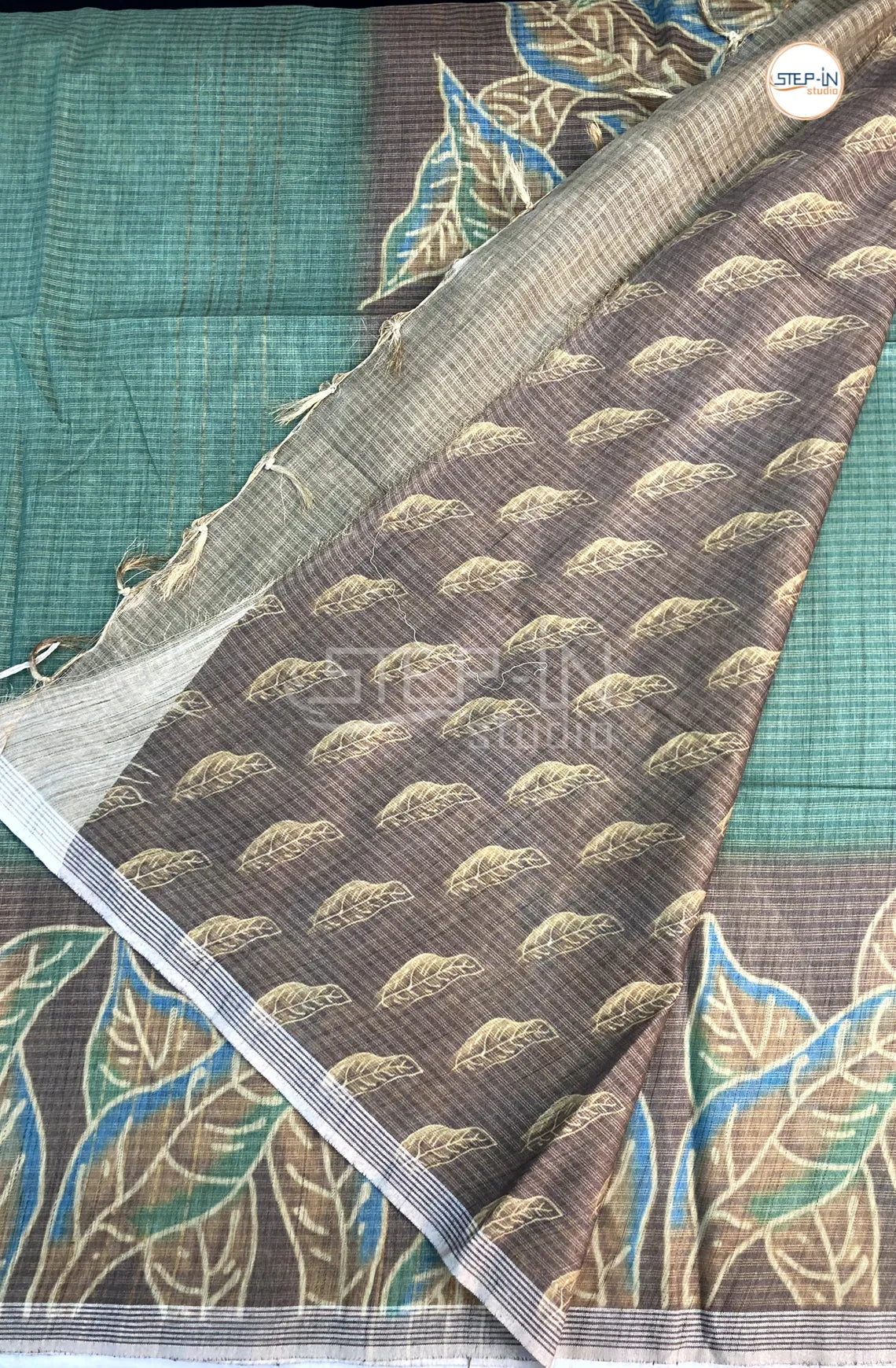Linen Cotton With Floral Printed Saree- Green & Brown
