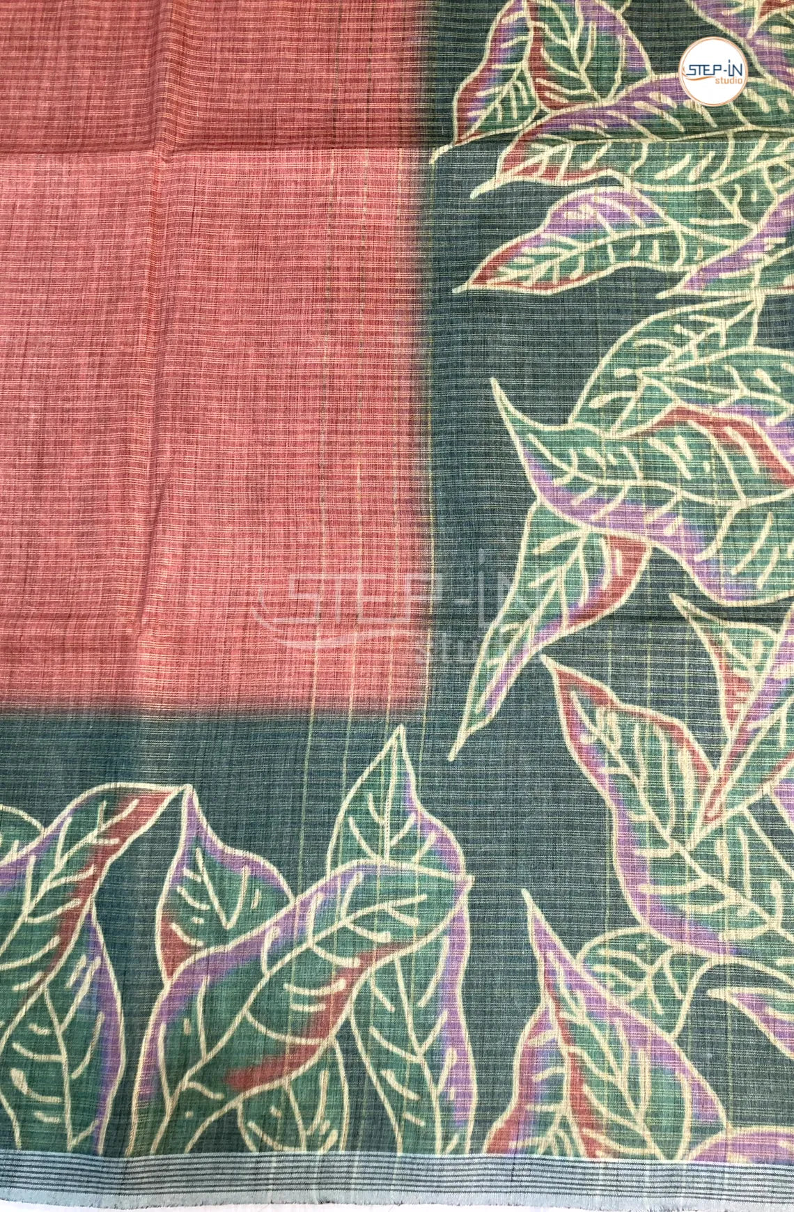 Linen Cotton With Floral Printed Saree- Red & Green