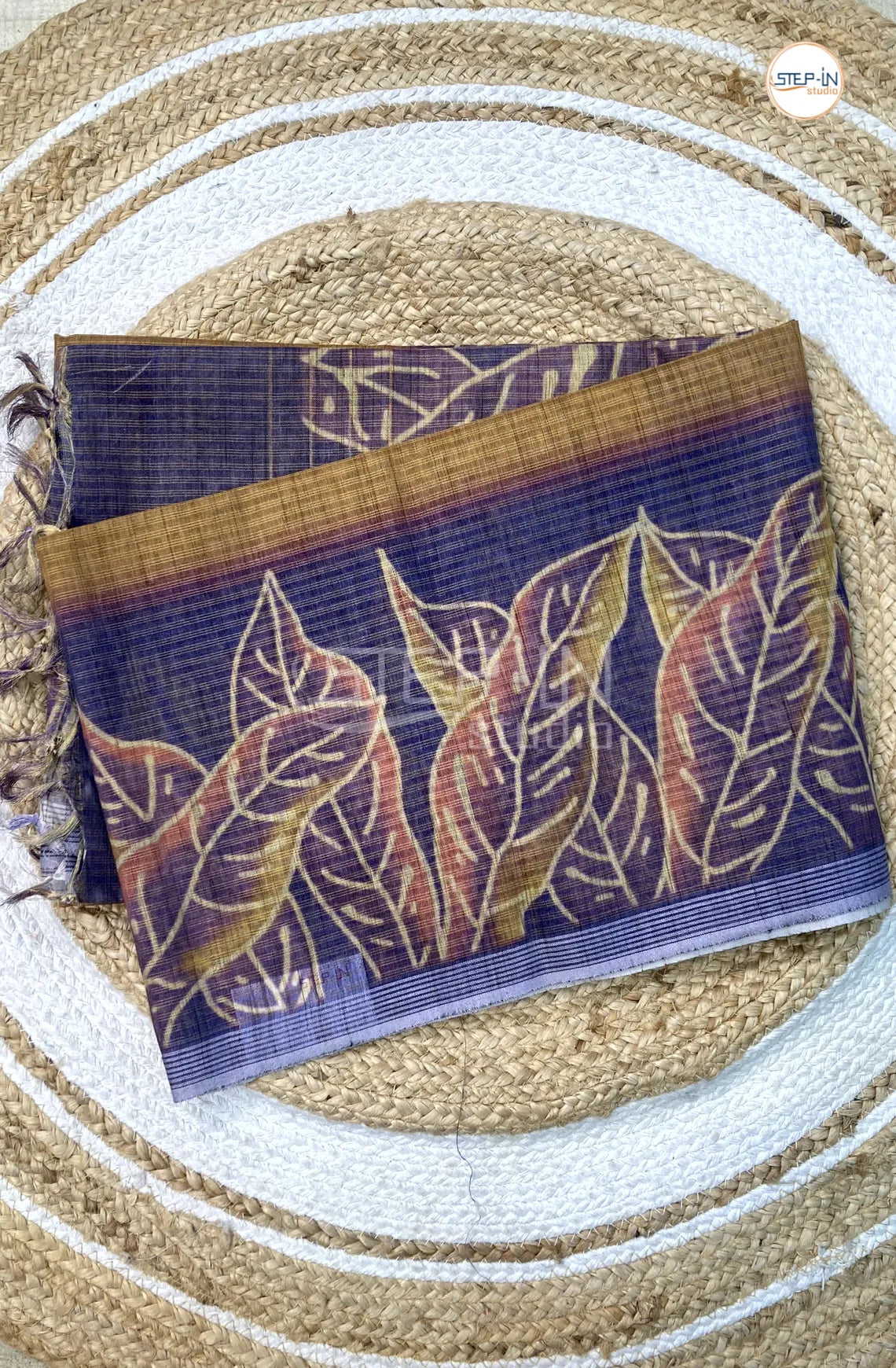Linen Cotton With Floral Printed Saree- Yellow & Blue