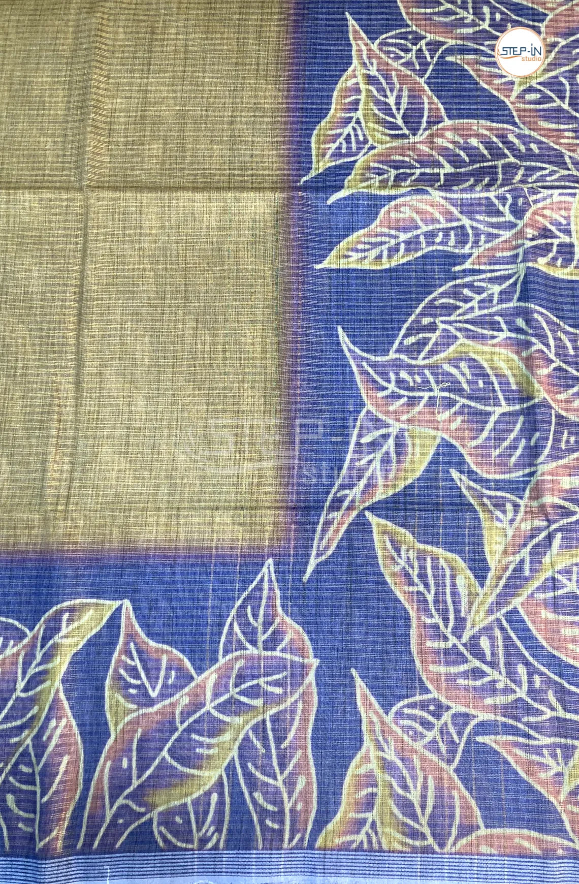 Linen Cotton With Floral Printed Saree- Yellow & Blue