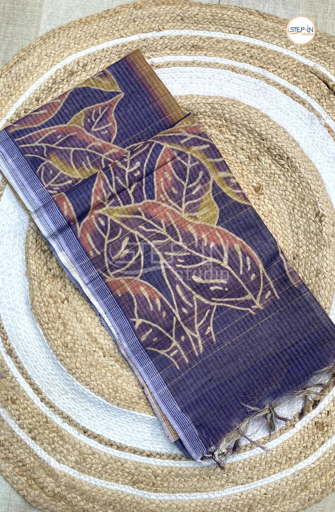 Linen Cotton With Floral Printed Saree- Yellow & Blue