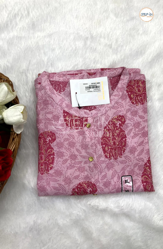 Mango Printed Mandarin Collor Top - Soft Pink &Red