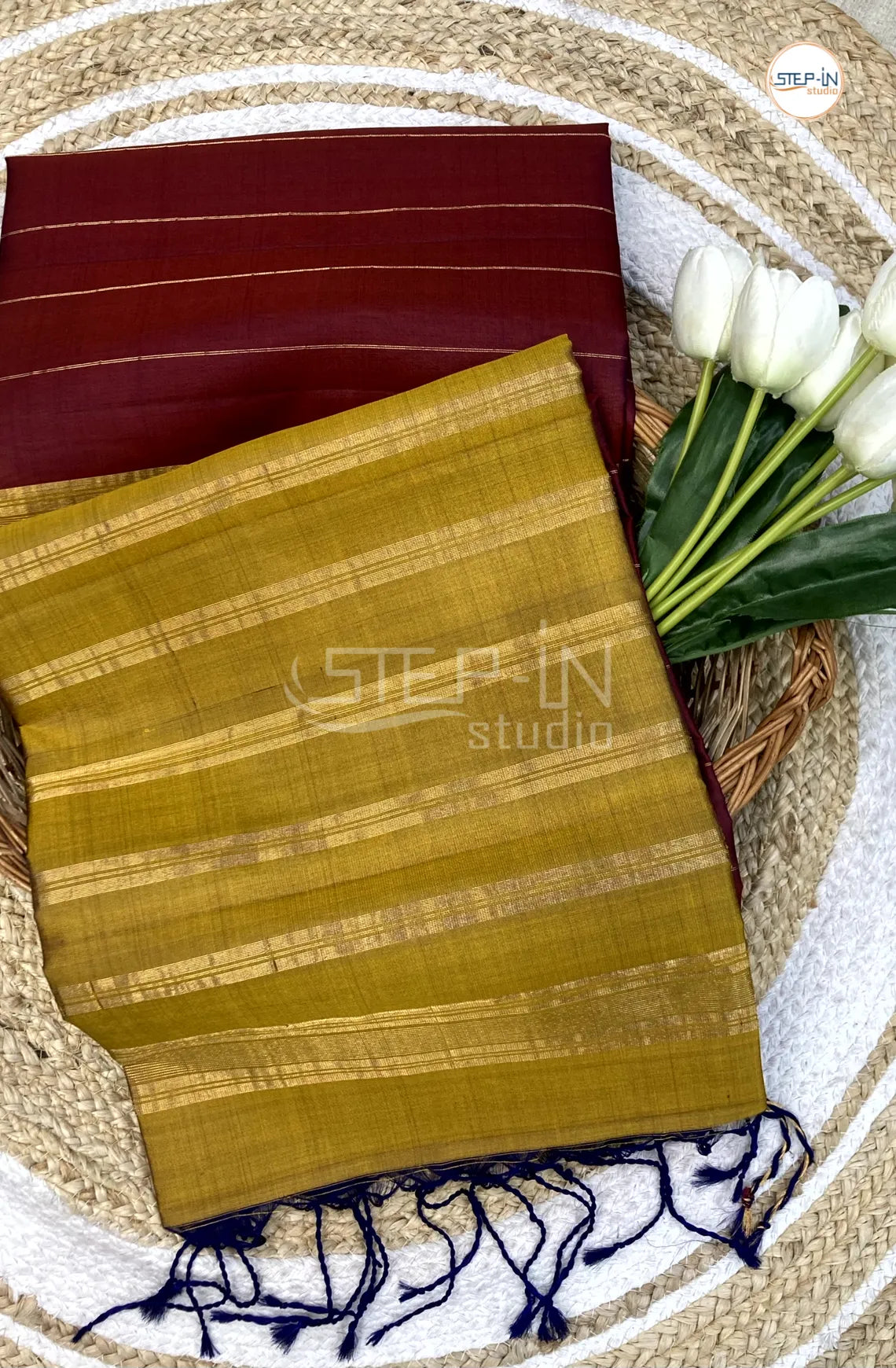Maroon Gold Zari Lines Design Soft Silk Saree With Contrast Boluse and Pallu