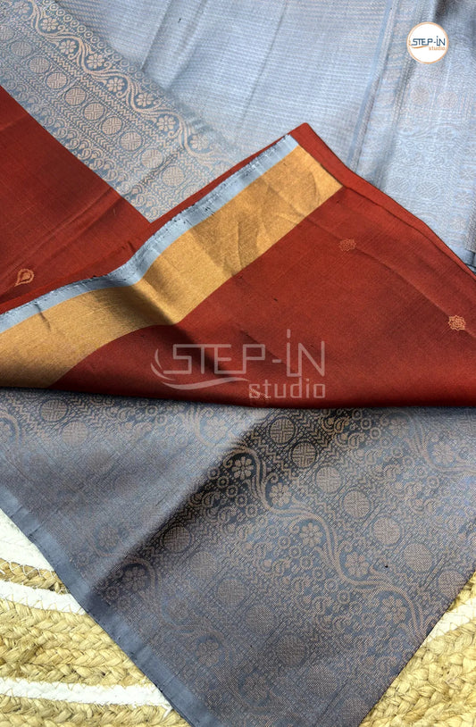 Maroon & Grey Floral Design Soft Silk Saree With Contrast Blouse and Intricate Zari Big Design Border & Design Pallu