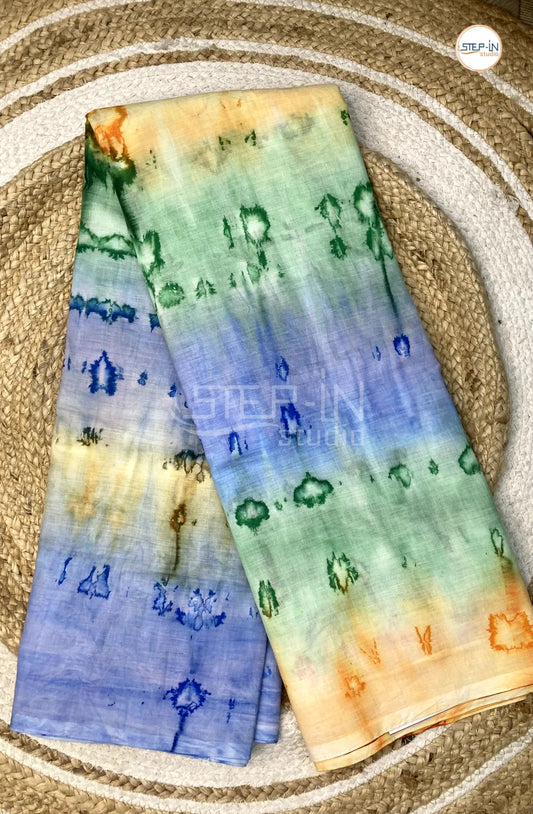 Mul Cotton Saree With Marble Printed - Blue & Green