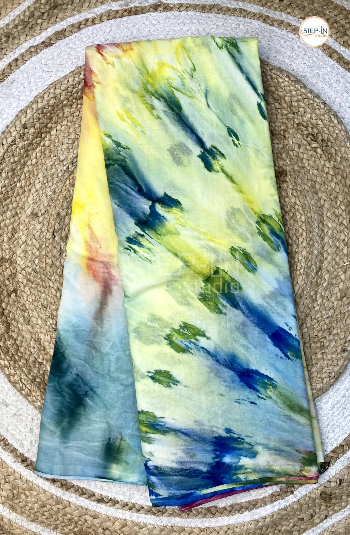 Mul Cotton Saree With Marble Printed - Light Green & Yellow