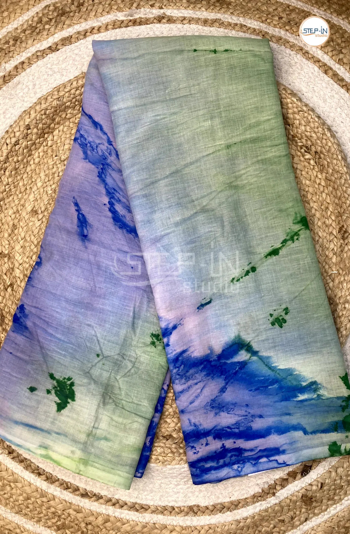 Mul Cotton Saree With Marble Printed - Sky Blue