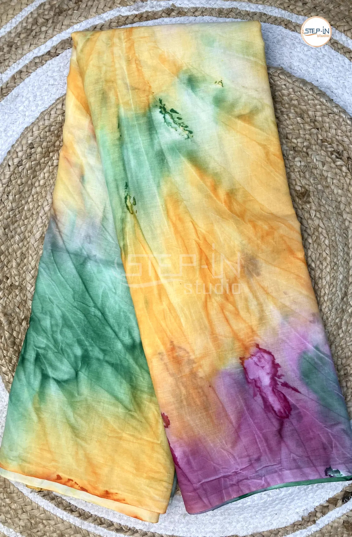 Mul Cotton Saree With Marble Printed - Yellow & Green
