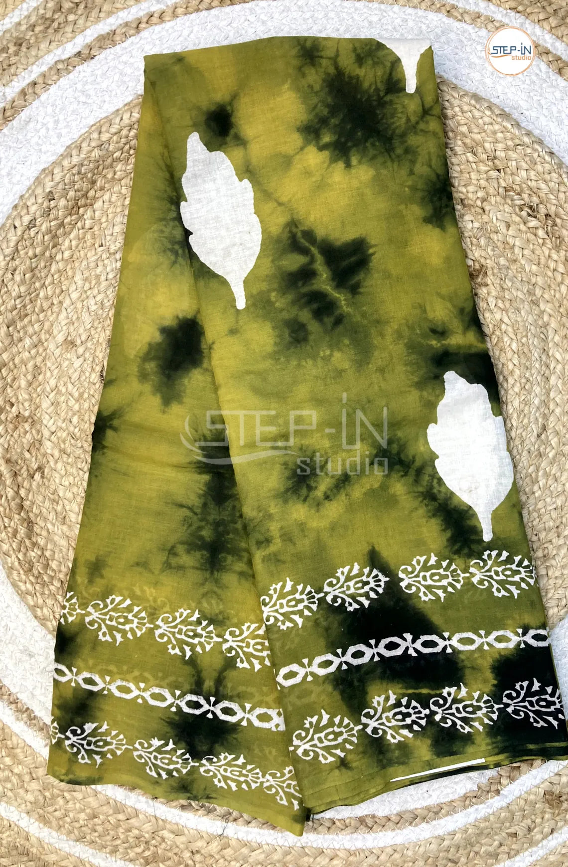 Mul Cotton Saree With Shibori Printed - Green