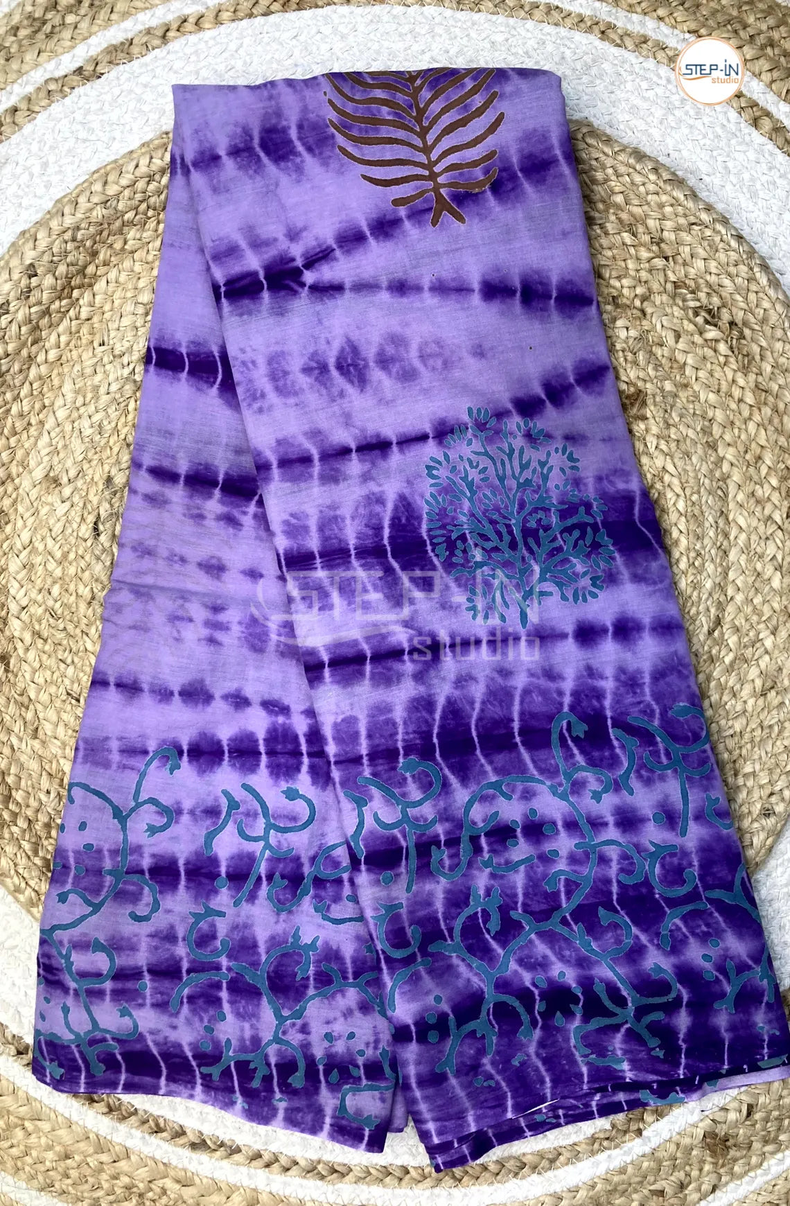 Mul Cotton Saree With Shibori Printed - Lavender & Deep Violet