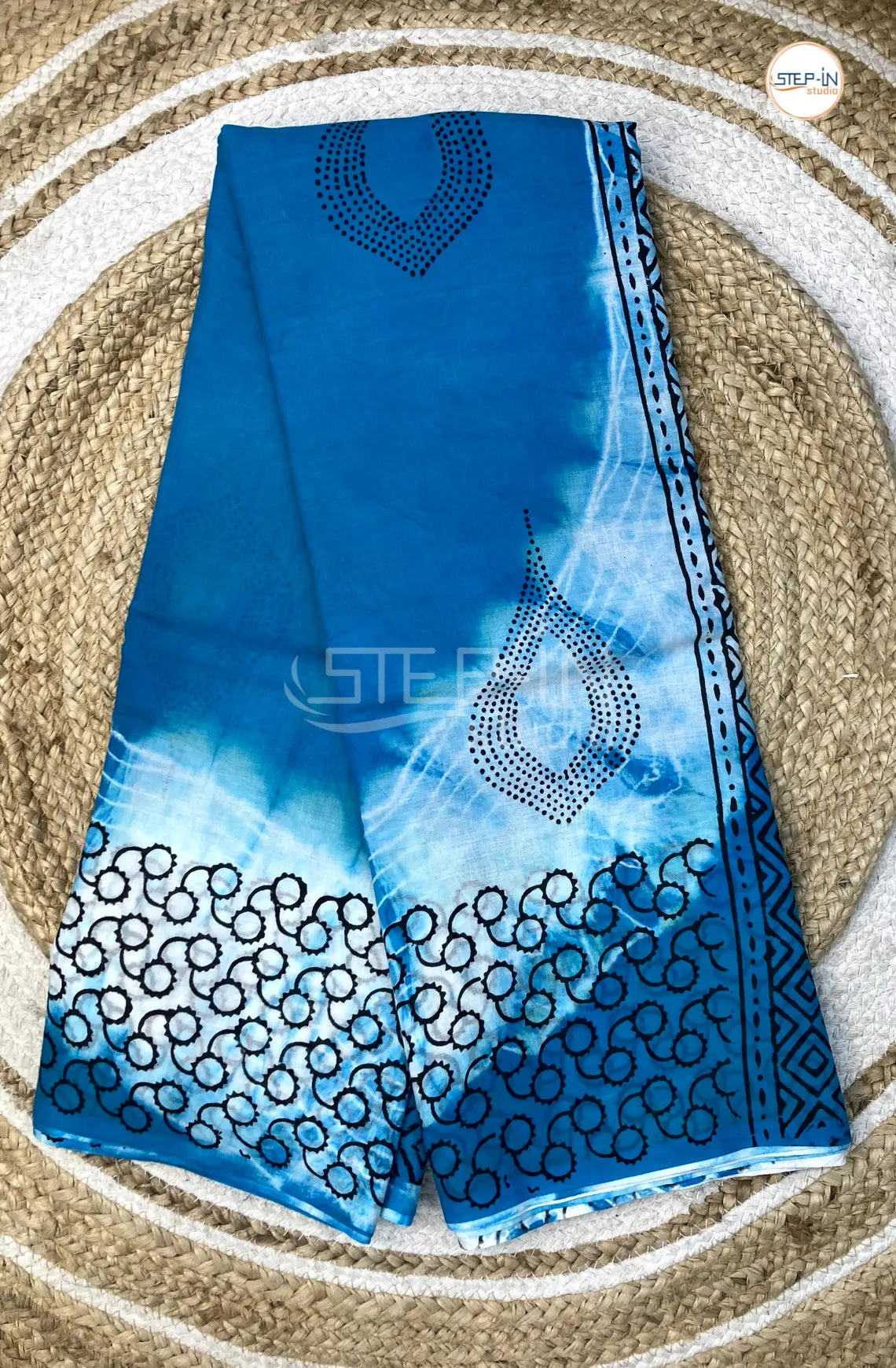 Mul Cotton Saree With Shibori Printed - Sea Blue
