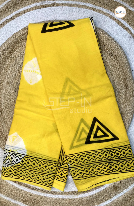 Mul Cotton Saree With Shibori Printed - Yellow & Black