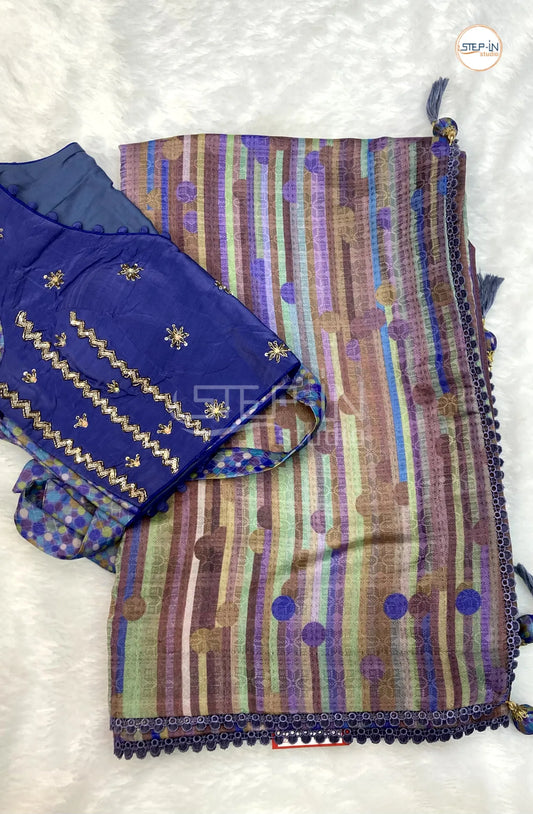 Multicolor Dupion Striped Body Embossed Saree With Running Pallu and Lace Border & Cotrast jamki Work Readymade Blouse
