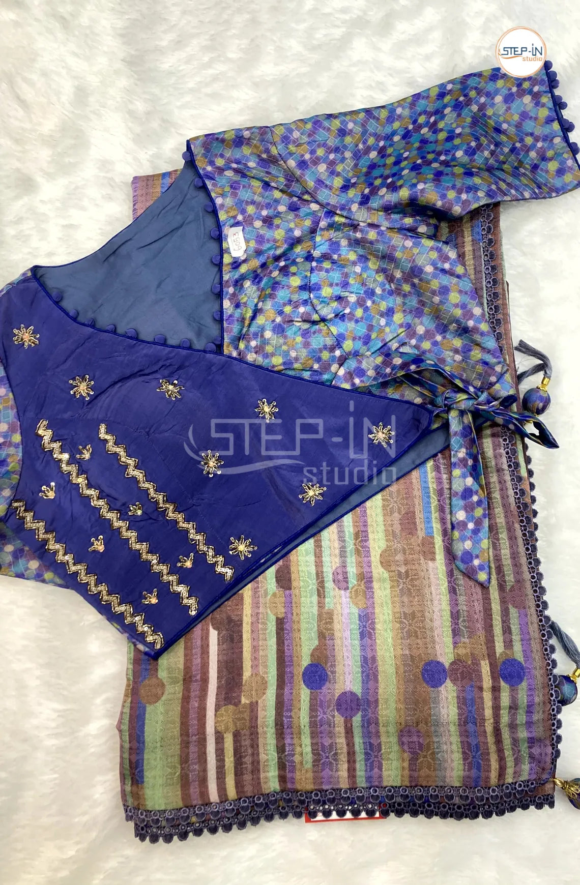 Multicolor Dupion Striped Body Embossed Saree With Running Pallu and Lace Border & Cotrast jamki Work Readymade Blouse