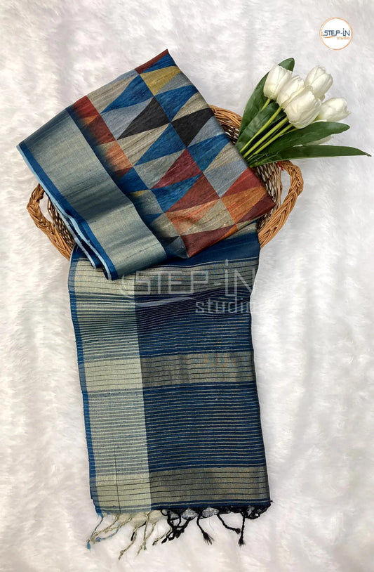 Multicolor Triangle Design Dupion Saree With Contrast Striped Design Zari Pallu and Border & Contrast Blouse