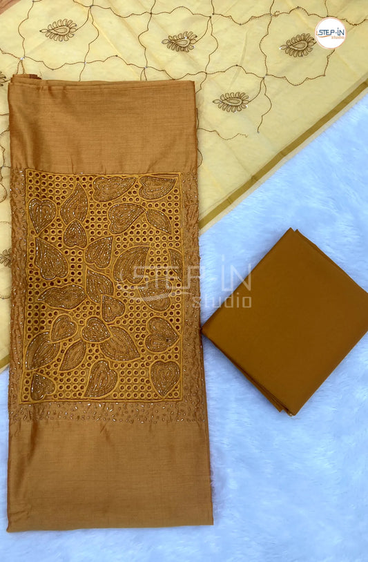 Mustard Yellow Silk Cotton Neck Stone & Embroiderd  Work Unstitched Dress Material