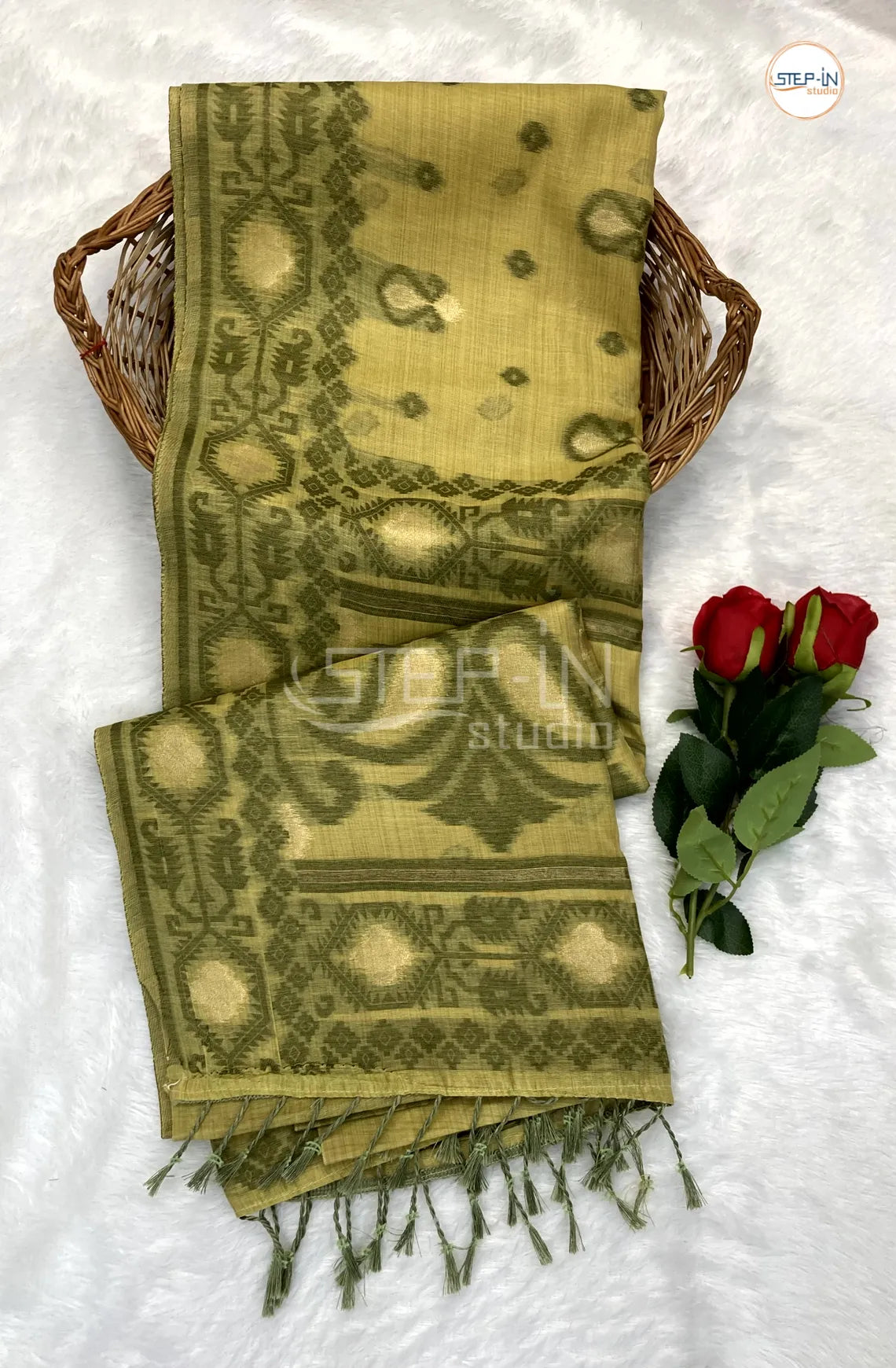 Muted Yellow & Olive Green Jamdani Weave Design Cotton Saree With Ikt Design Contrast Pallu & Border and Self Blouse