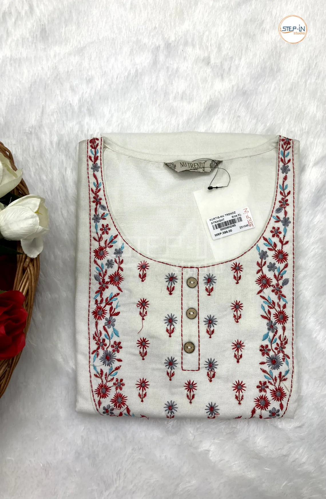 Neck Embroiderd Cotton Top - White