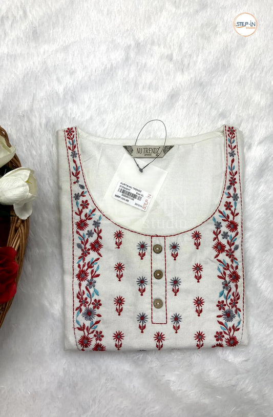 Neck Embroiderd Cotton Top - White & Red