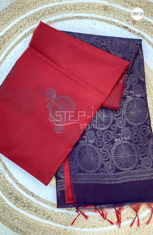 Neem Zari Silk Cotton Saree - Red With Nevy Blue