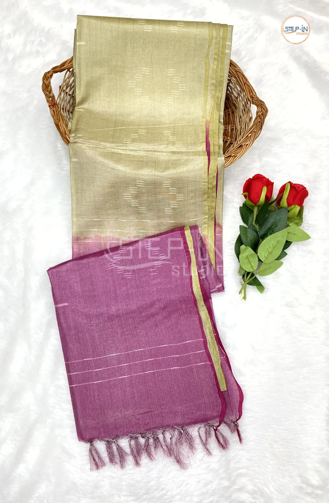 Off White & Pink Ikat design Saree With Ikat Design Contrast Pallu & Blouse