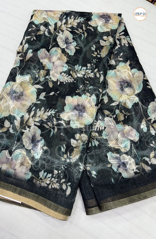 Officewear Printed Linen Cotton Saree-Black