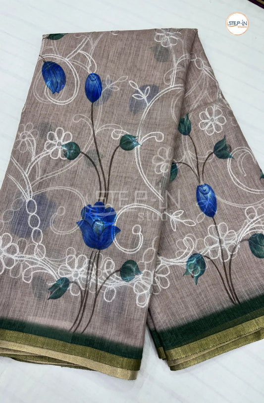 Officewear Printed Linen Cotton Saree-Dark Ivory